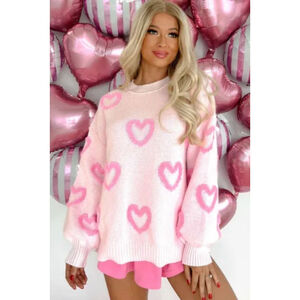 Cozy Pink on Pink Oversized Heart Sweater Bubble Sleeve NWOT Size Large